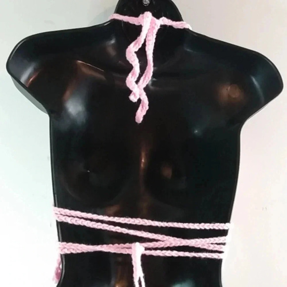 Handmade Pink Crochet Crop Top Halter Corset  String Backless Beach Lounge Wear - Picture 3 of 3
